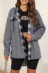 Plaid Waffle-Knit Drawstring Hooded Jacket