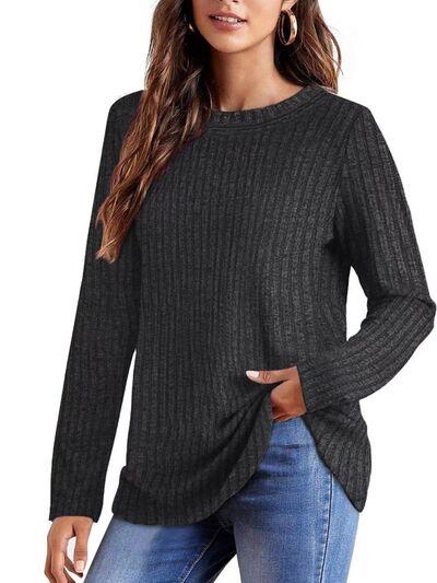 Ribbed Round Neck Long Sleeve Blouse