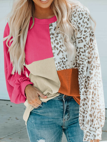 Color Block Leopard Round Neck