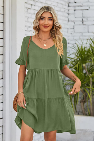 V-Neck Flounce Sleeve Tiered Dress