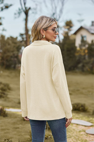 Collared Neck Cable-Knit Long Sleeve Blouse