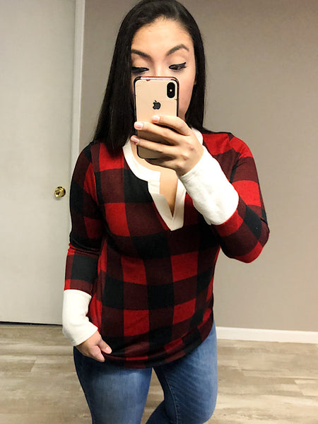 *New* Red Plaid V neck Long Sleeve top