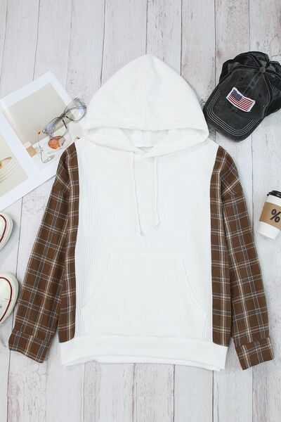 Plaid Waffle-Knit Drawstring Kangaroo Pocket Hoodie I