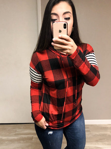 *New* Red/ Black Plaid stripe hoodie