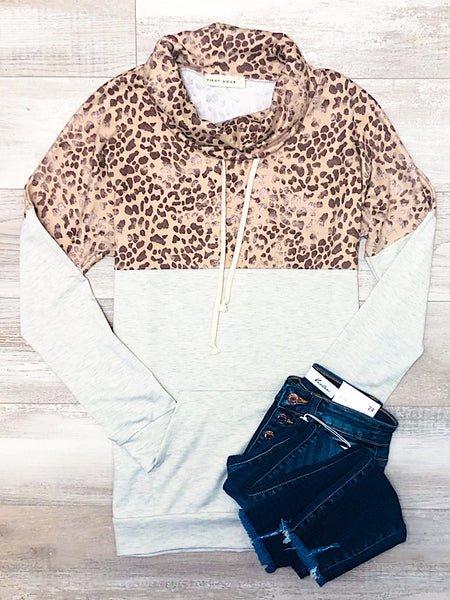 *New* Oatmeal Leopard Cowl Neck Sweater
