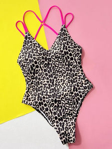 Leopard Plunge Spaghetti Strap One-Piece Swimwear