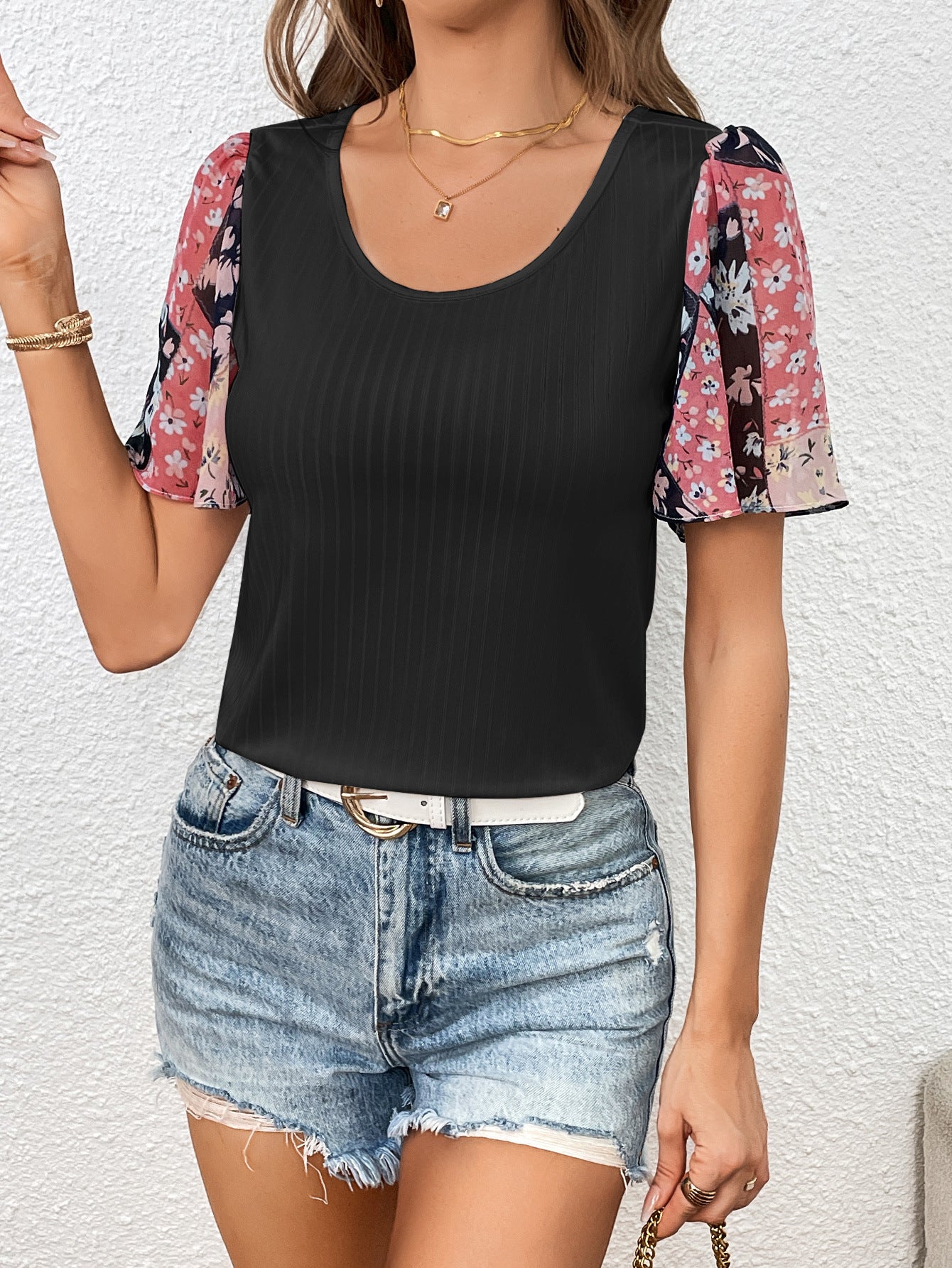 Printed Puff Sleeve Round Neck Tee