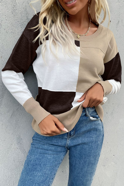 Color Block Ribbed Trim Round Neck Knit