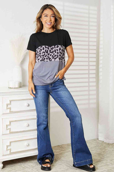 Leopard Print Color Block Short Sleeve T-Shirt