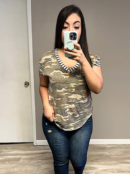 *New* Camo Stripe V neck top