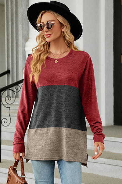 Color Block Round Neck Long Sleeve T-Shirt