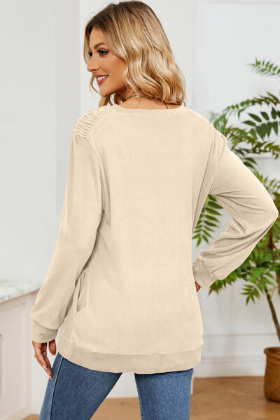 Ruched Round Neck Long Sleeve T-Shirt