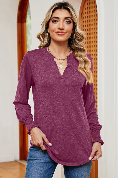 Smocked Notched Long Sleeve T-Shirt