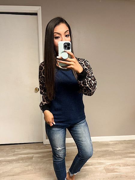 *New* Navy Leopard Sleeve sweatshirt