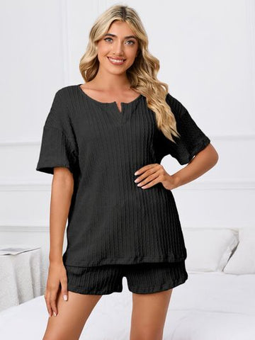 Notched Short Sleeve and Shorts Lounge Set