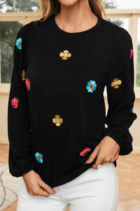 Flower Round Neck Balloon Sleeve Blouse