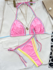 Contrast Trim Halter Neck Bikini Set