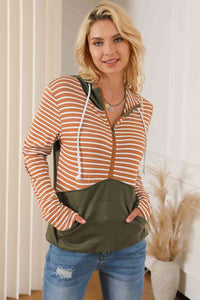 Striped Color Block Drawstring Hoodie