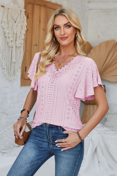 Eyelet Applique V-Neck Cap Sleeve T-Shirt