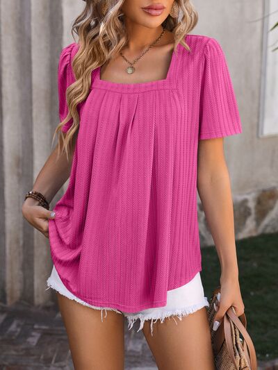 Ruched Square Neck Short Sleeve Blouse