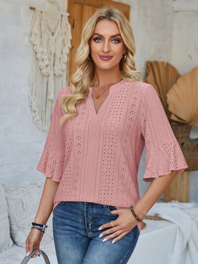 Eyelet Notched Half Sleeve T-Shirt