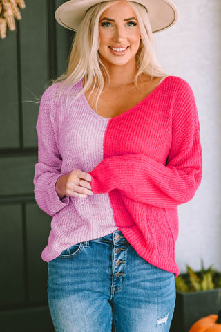 Contrast Color V-Neck Long Sleeve Sweater