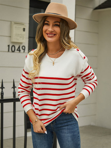 Round Neck Shoulder Button Striped Sweater