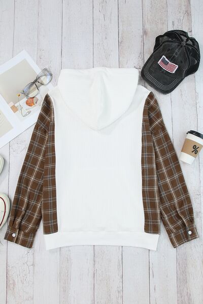 Plaid Waffle-Knit Drawstring Kangaroo Pocket Hoodie I