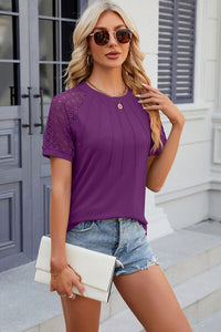 Openwork Round Neck Short Sleeve T-Shirt