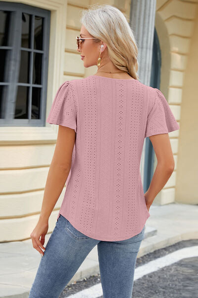 Eyelet Square Neck Short Sleeve T-Shirt