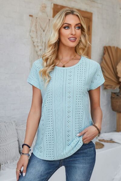 Eyelet Round Neck Rolled Short Sleeve T-Shirt