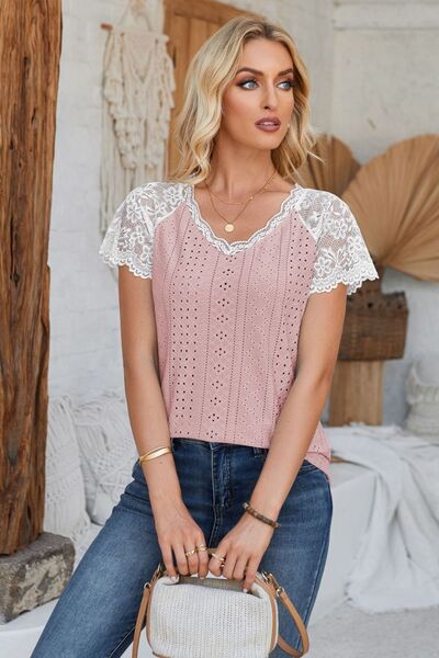 Eyelet V-Neck Lace Short Sleeve T-Shirt