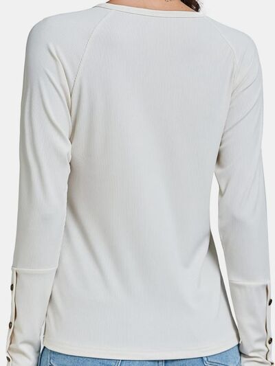 Decorative Button V-Neck Long Sleeve T-Shirt