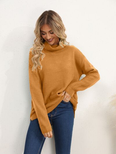 Slit Turtleneck Dropped Shoulder Sweater