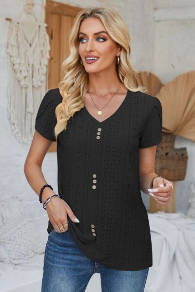 Decorative Button Eyelet V-Neck Short Sleeve T-Shirt