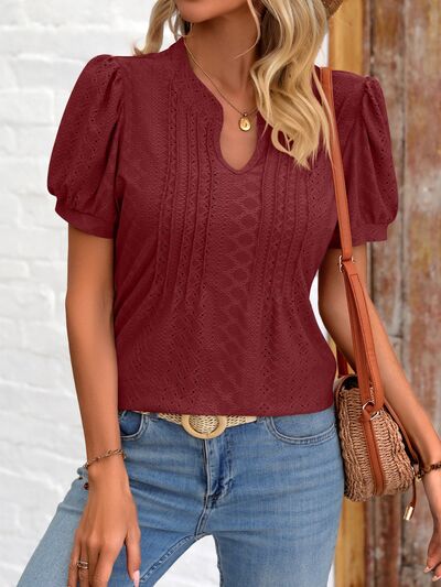 Eyelet Notched Puff Sleeve T-Shirt