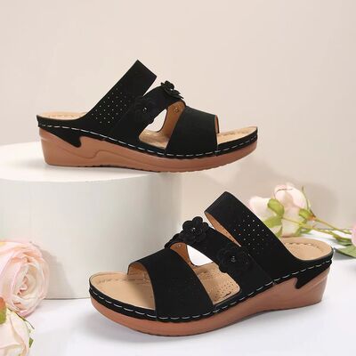 Flower PU Leather Wedge Sandals