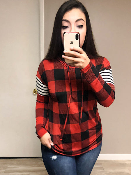 *New* Red/ Black Plaid stripe hoodie