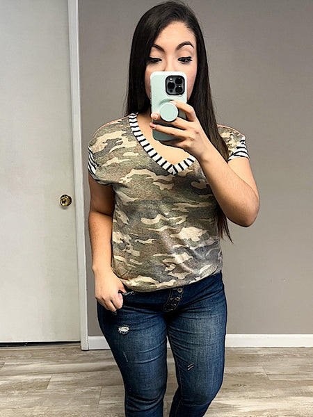 *New* Camo Stripe V neck top