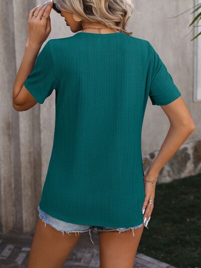 Decorative Button Round Neck Short Sleeve Blouse