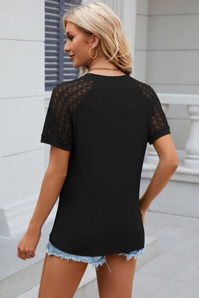 Openwork Round Neck Short Sleeve T-Shirt