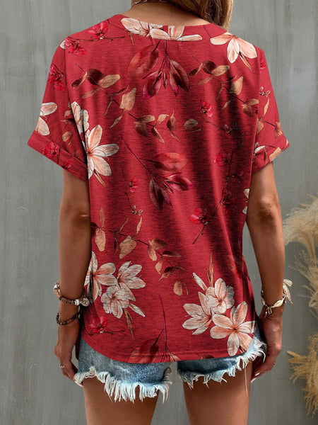 Printed Notched Short Sleeve T-Shirt