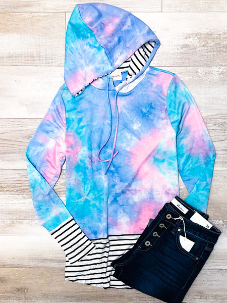 *New* Blue And Pink Tie dye bottom Stripes hoodie