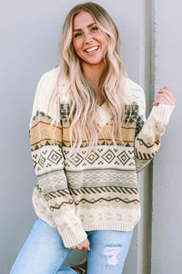 Geometric V-Neck Dropped Shoulder Sweater