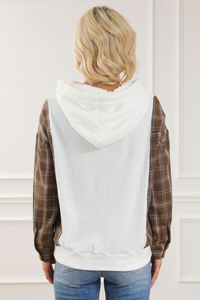 Plaid Waffle-Knit Drawstring Kangaroo Pocket Hoodie I