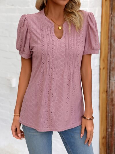 Eyelet Notched Puff Sleeve T-Shirt