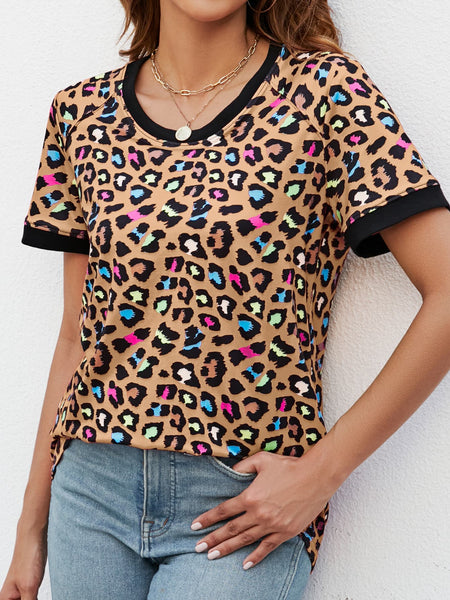 Leopard Round Neck Short Sleeve Tee Shirt