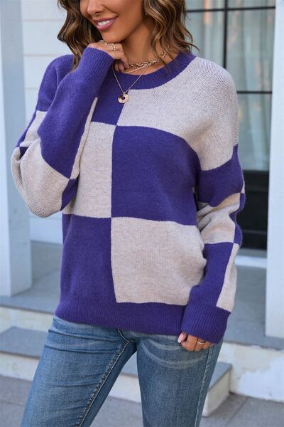 Color Block Round Neck Dropped Shoulder Sweater