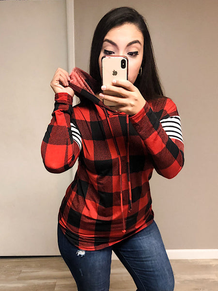 *New* Red/ Black Plaid stripe hoodie