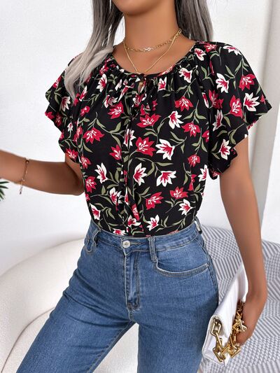 Floral Tie Neck Flutter Sleeve Blouse